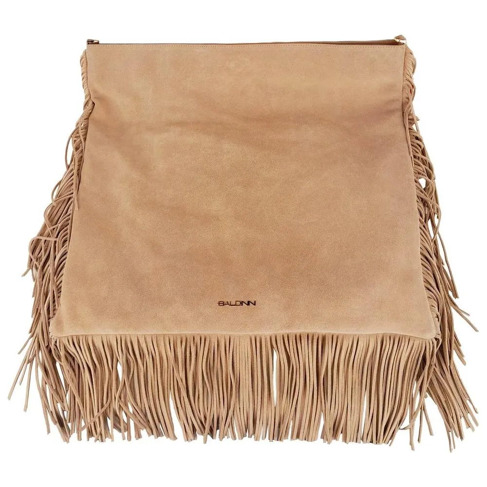 Baldinini Trend Chic Beige Suede Fringe Shoulder Bag