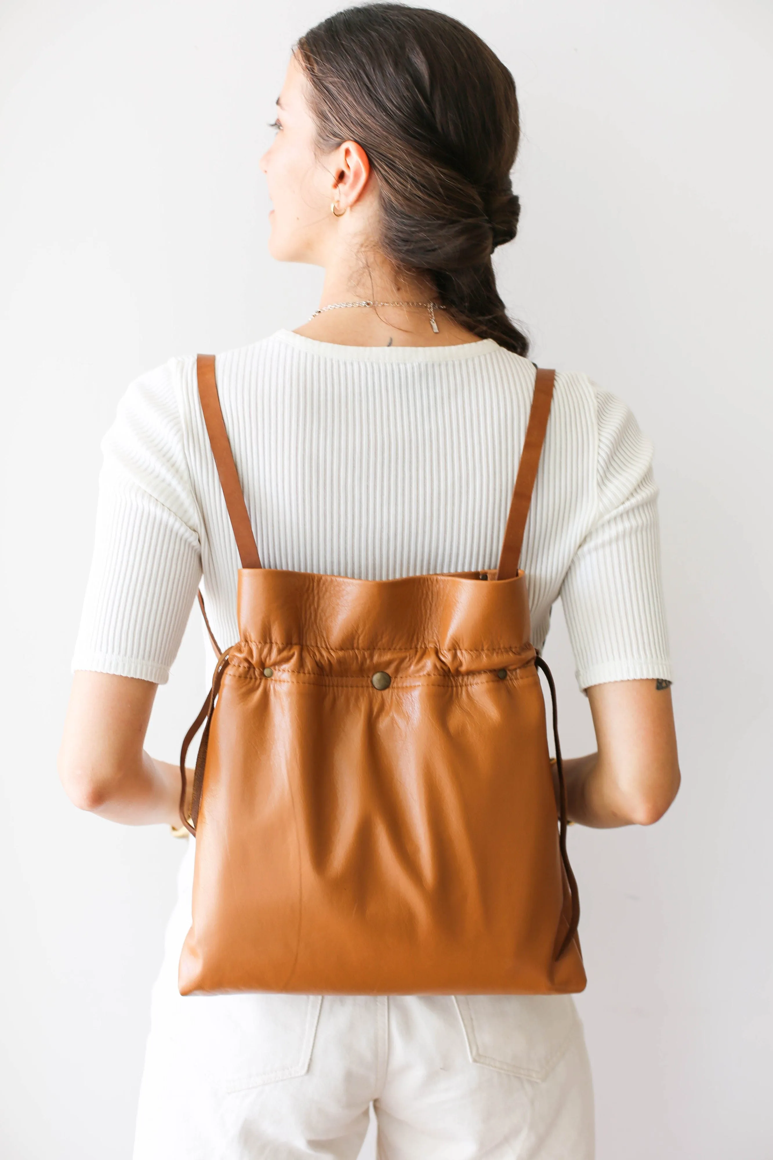 Brown Leather Drawstring Bag