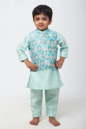 Celestial Blossom: Boys Embroidered Blue Kurta Set with Delicate Floral Patterns