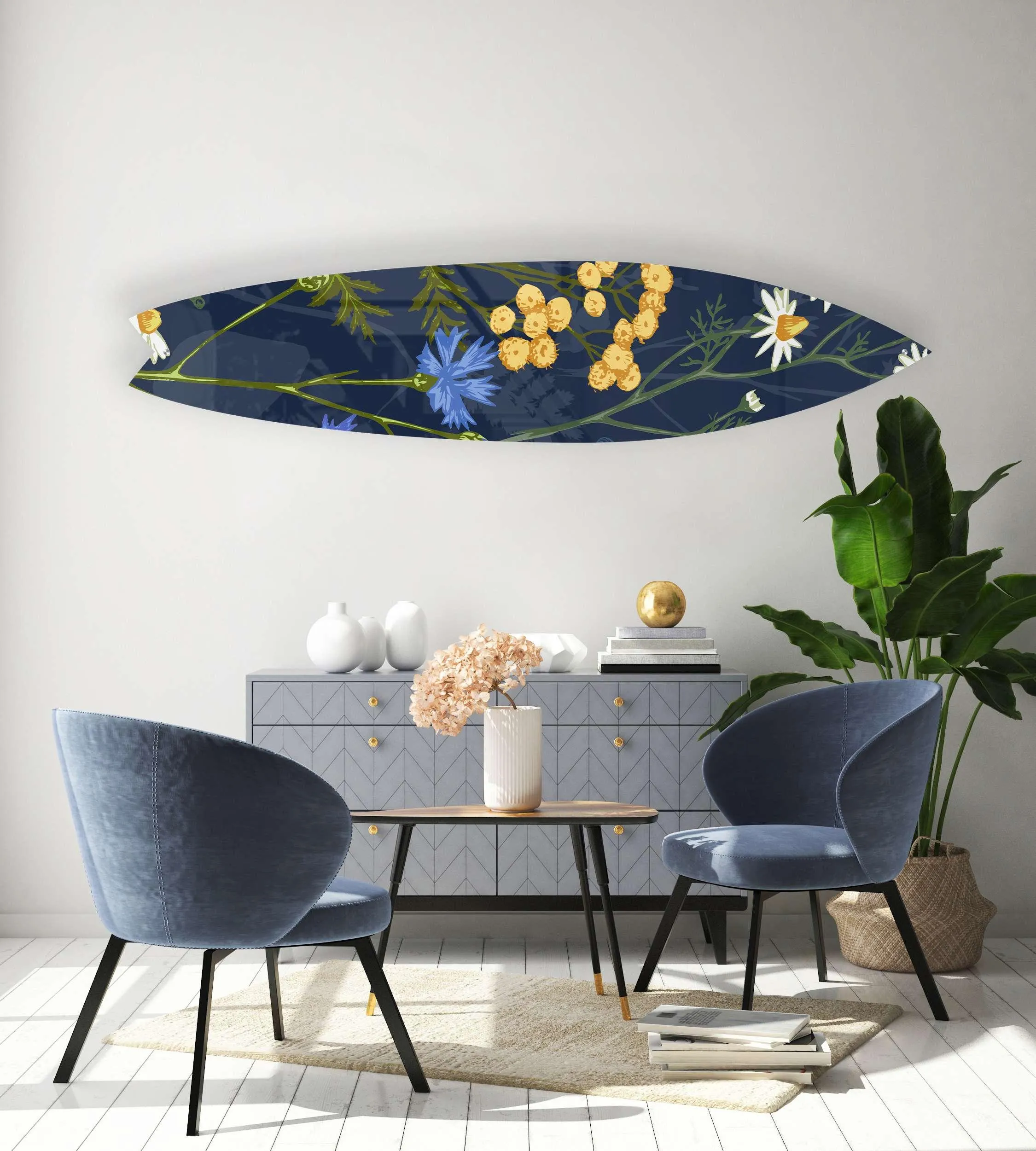 Colorful Herbs and Flowers on Dark Background Acrylic Surfboard Wall Art