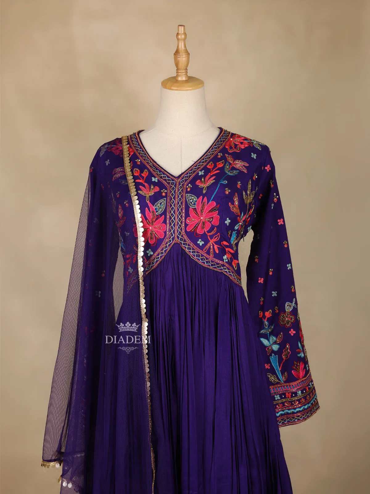 Dark Purple Floral Embroidery Gown and Net Dupatta