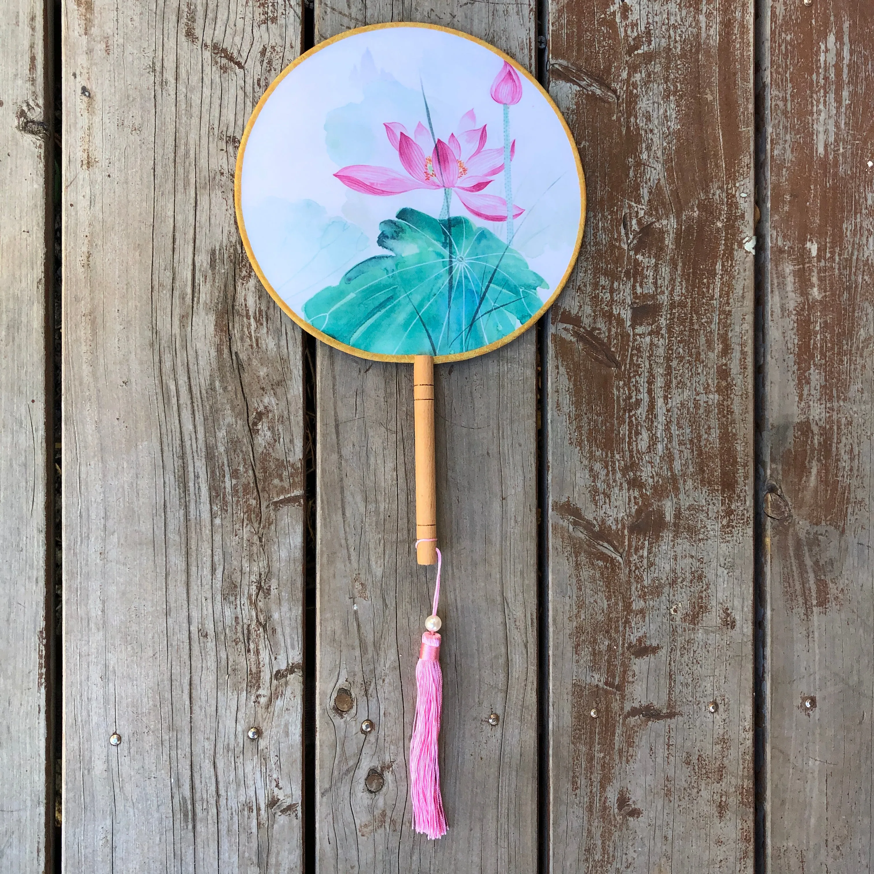 Elegant Round Silk Fan - pink lotus flowers