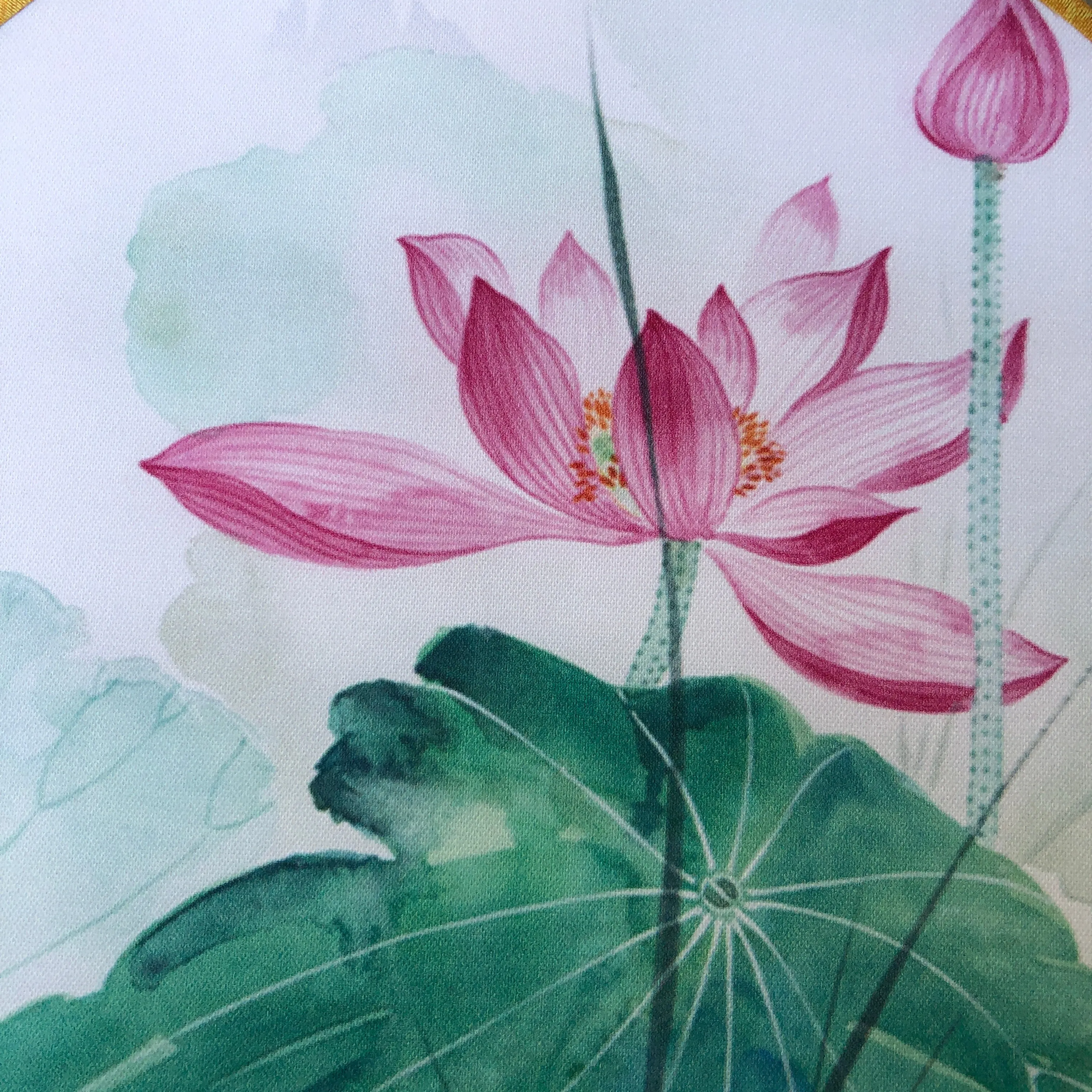 Elegant Round Silk Fan - pink lotus flowers