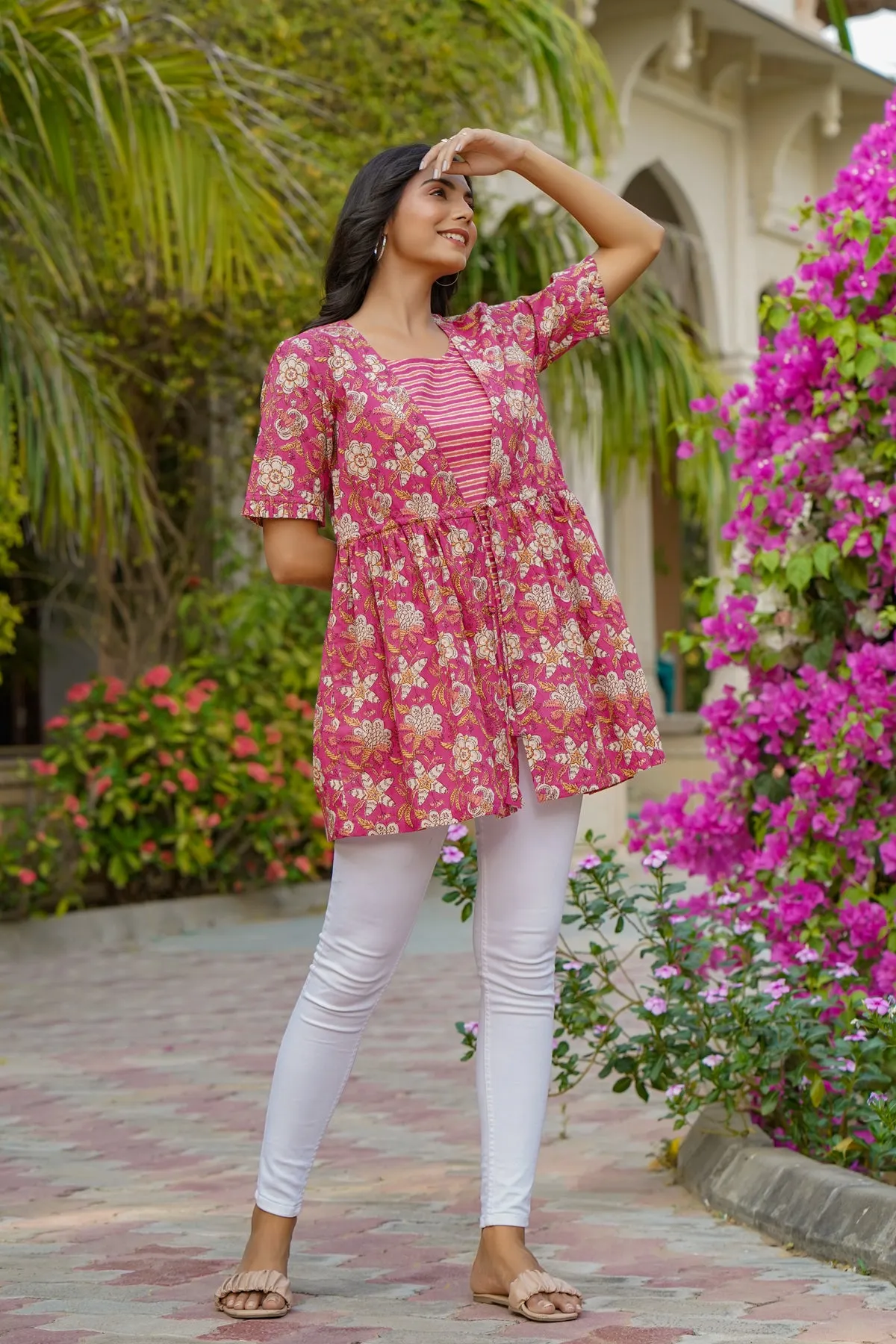 Floral Mosaic with Striped Inner on Pink Short Kurti