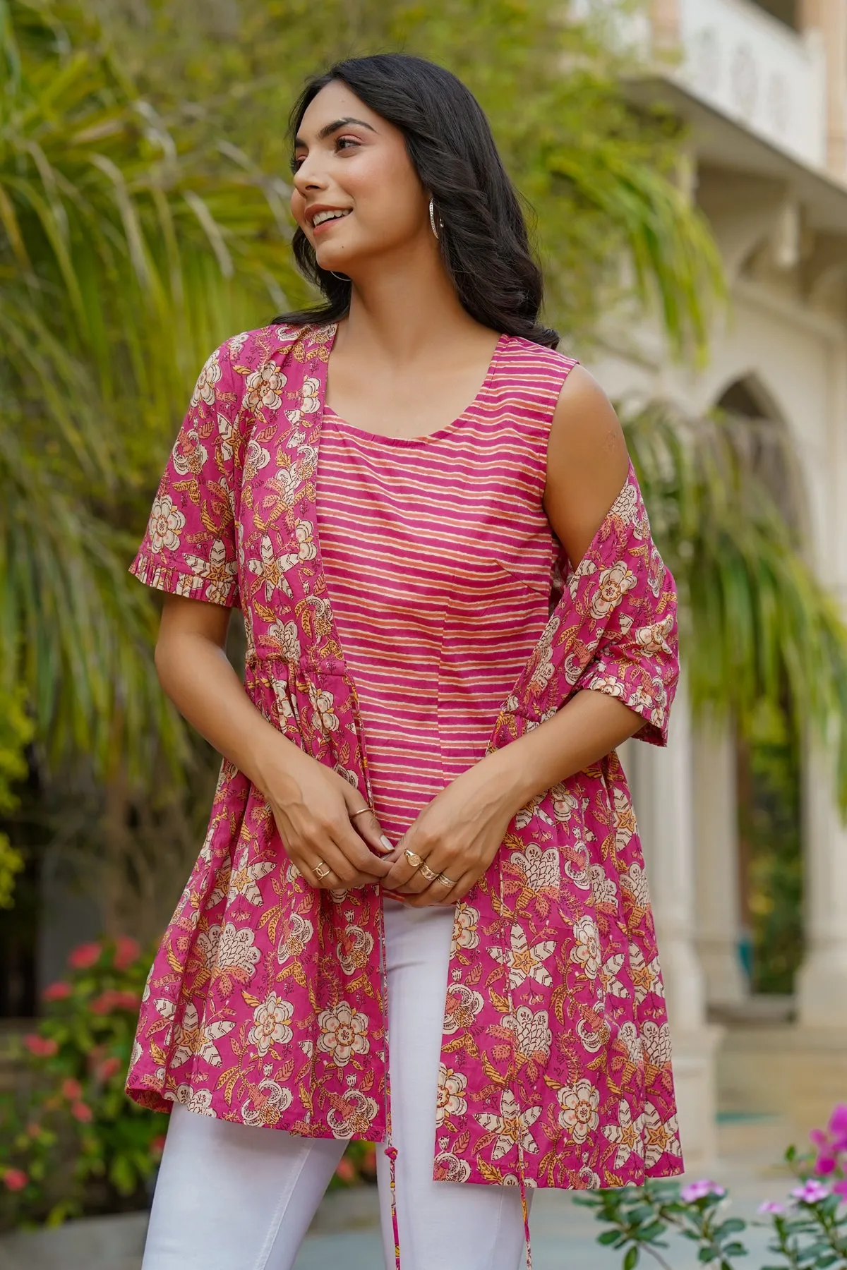 Floral Mosaic with Striped Inner on Pink Short Kurti