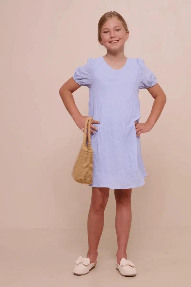 Girls Textured Puff Sleeve Dress