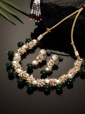 Gold-Plated Green Beads and Pearl Ball Studded Handcrafted Kundan Necklace Set