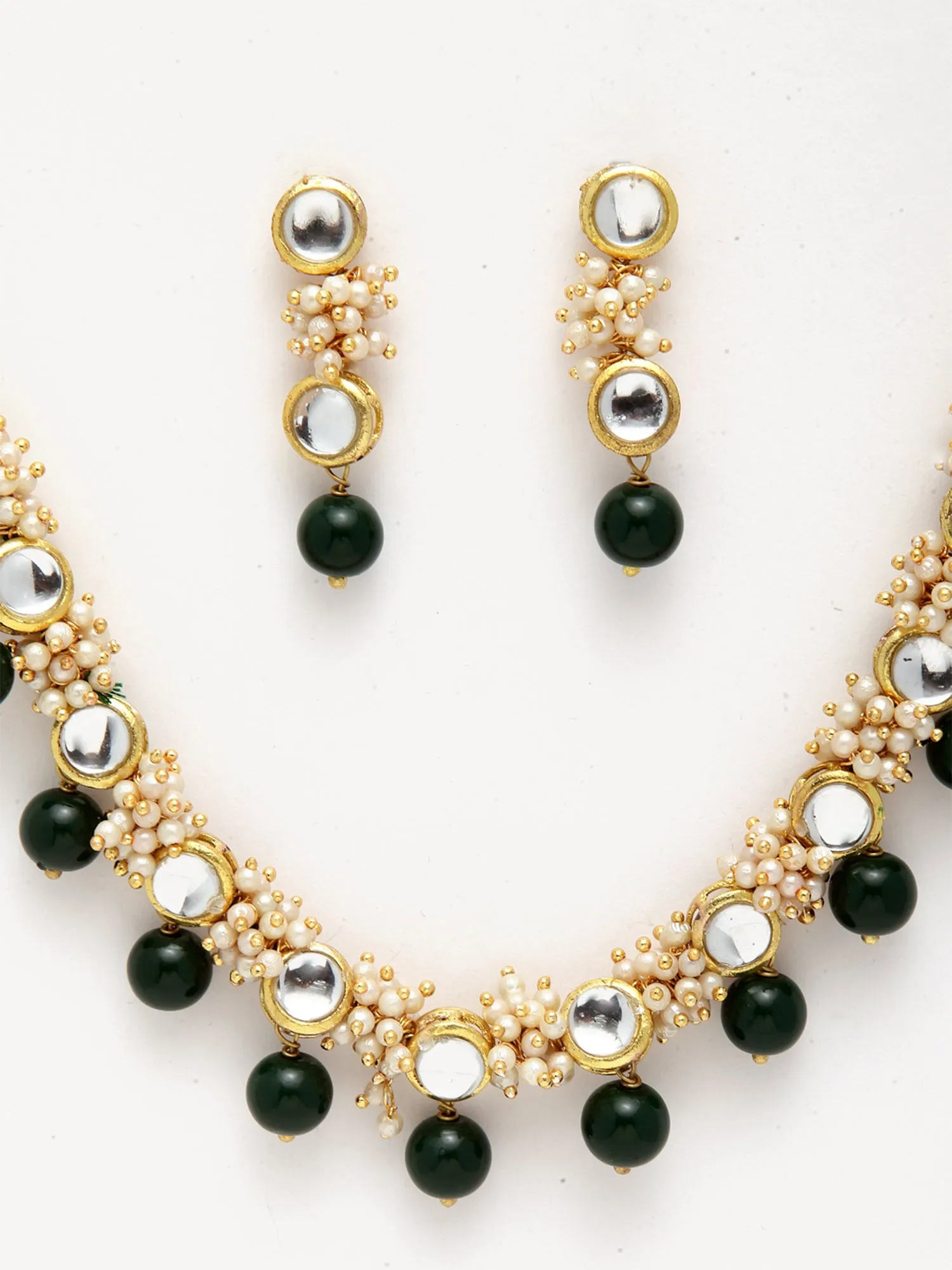 Gold-Plated Green Beads and Pearl Ball Studded Handcrafted Kundan Necklace Set