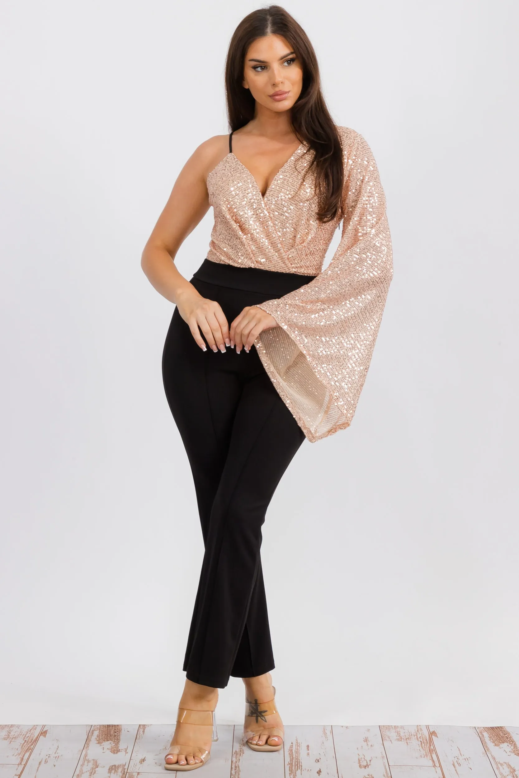 HH742R-S Jumpsuit with a Sequin, V-neck Wrap-style Bodice