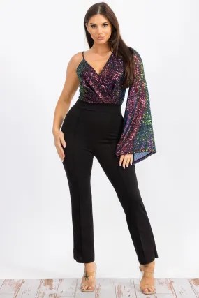 HH742R-S Jumpsuit with a Sequin, V-neck Wrap-style Bodice