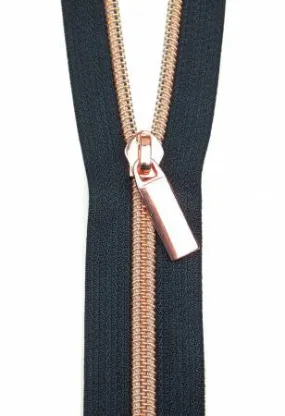 Navy #5 Nylon Rose Gold Coil Zippers: 3 Yards With 9 Pulls - Sallie Tomato