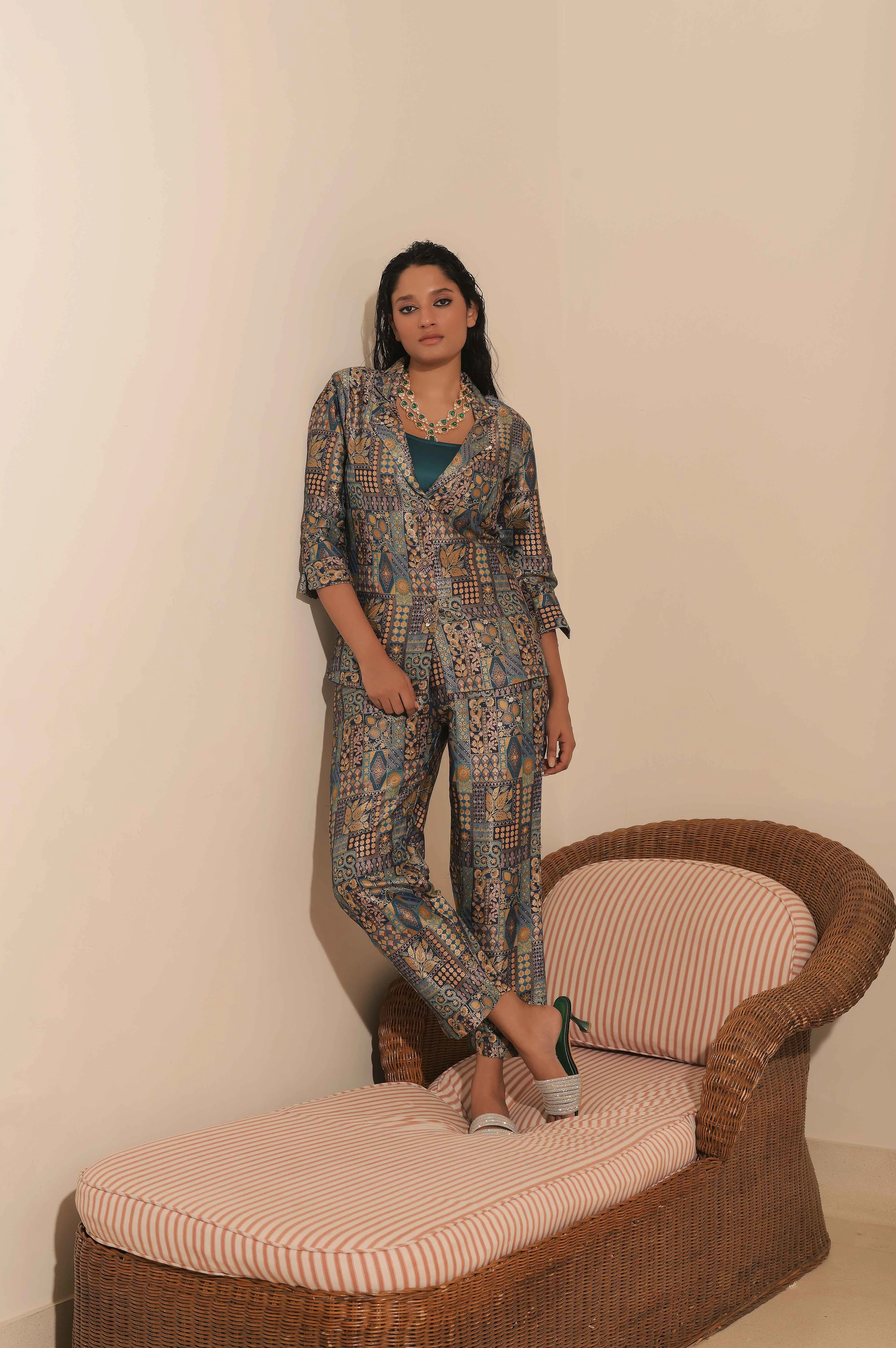 Navy Blue Jacquard Banarasi Brocade Blazer With Pant