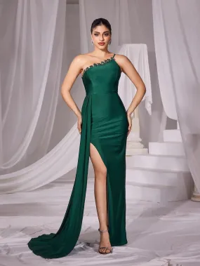 One Shoulder Split Thigh Satin Mermaid Dress