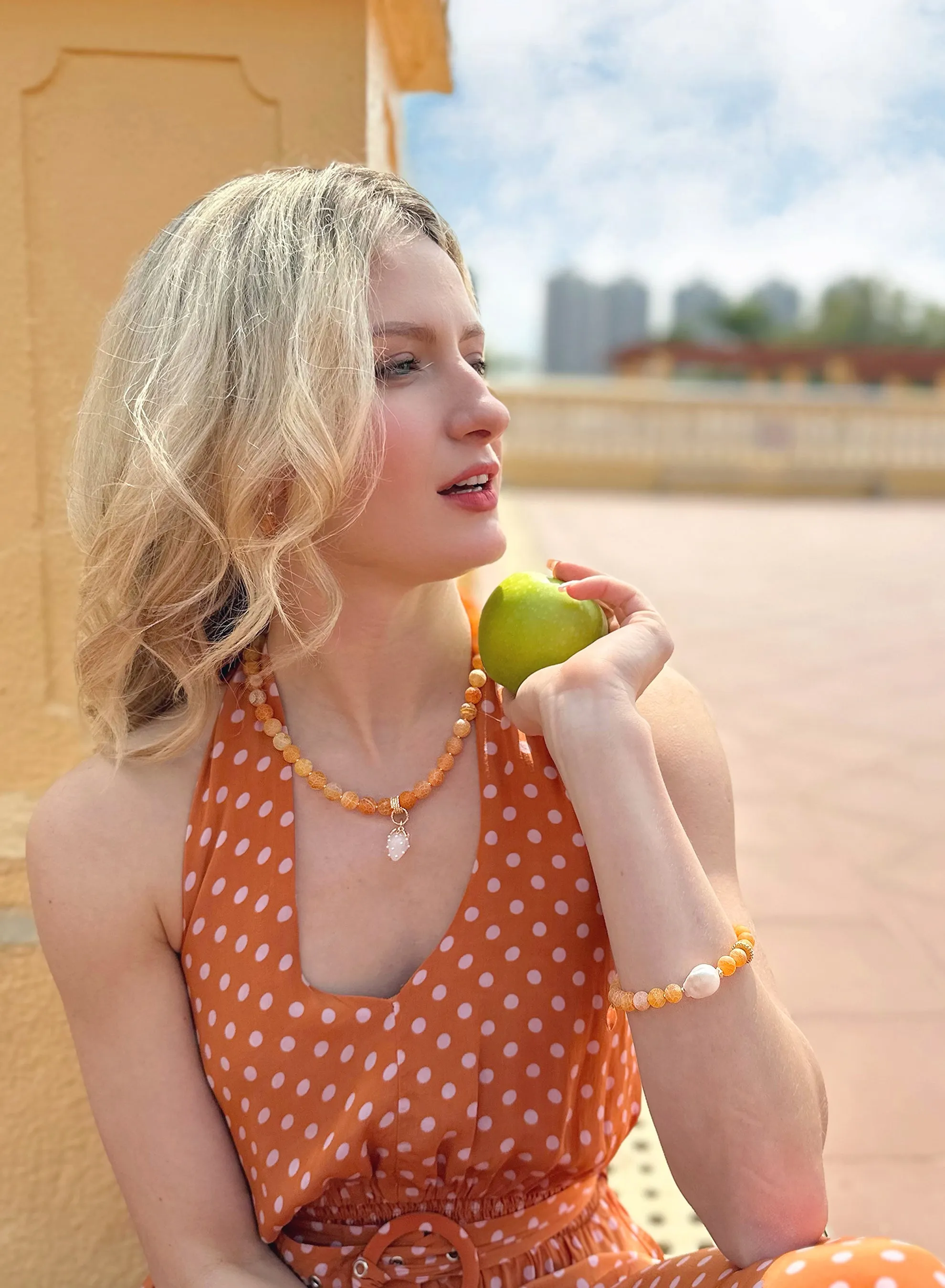 Orange Agate With Strawberry Pendant Necklace JN010