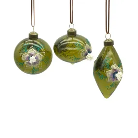 Pure Christmas Glass Floral Christmas Bauble Olive Assorted