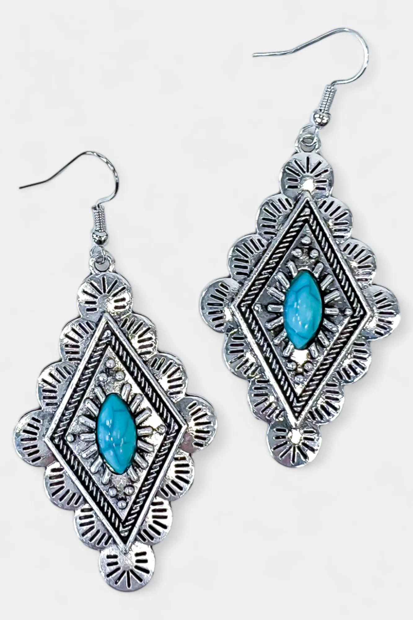 Silver Turquoise Stone Diamond Dangle Earrings