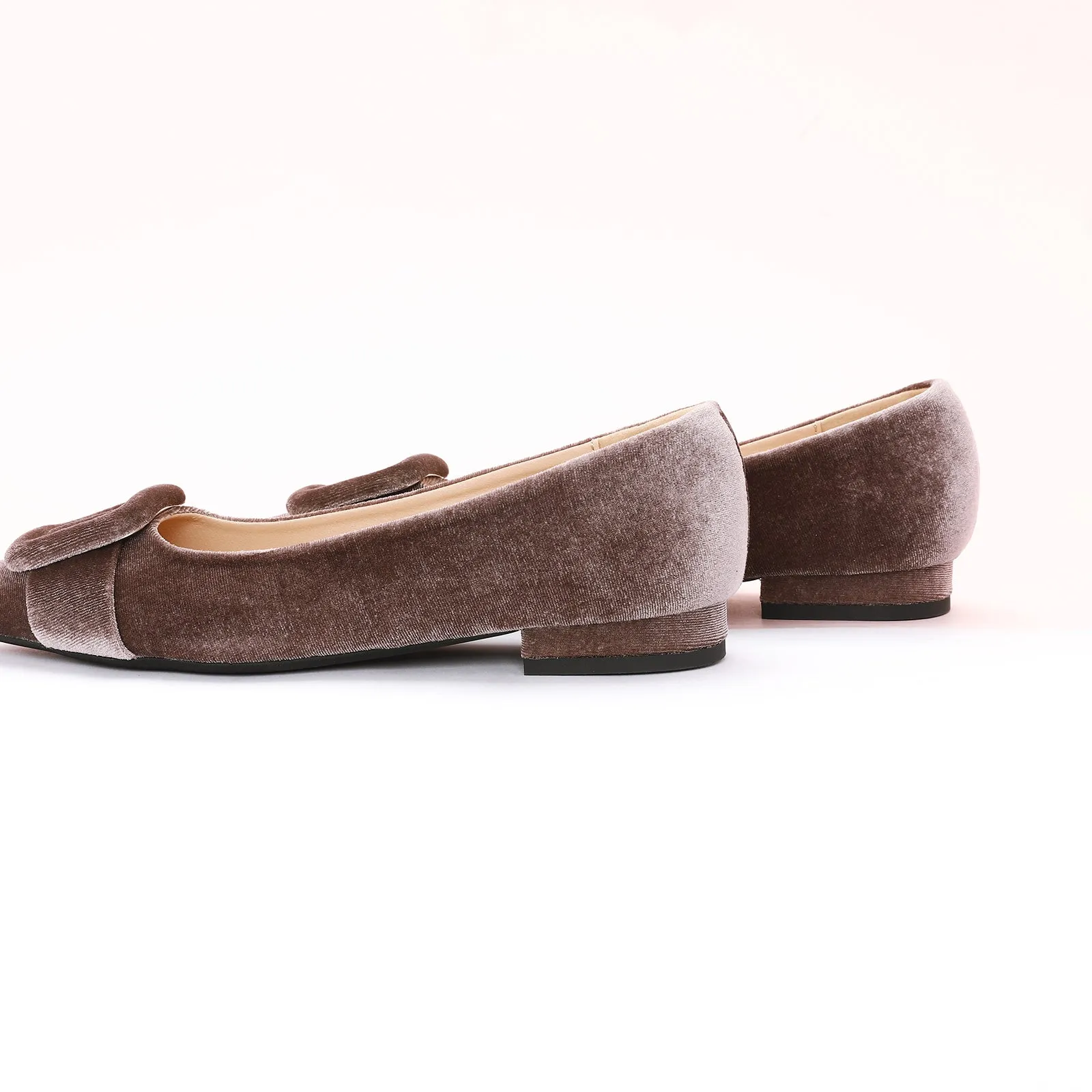 Square Buckle Velvet Flats (Aida) Grey