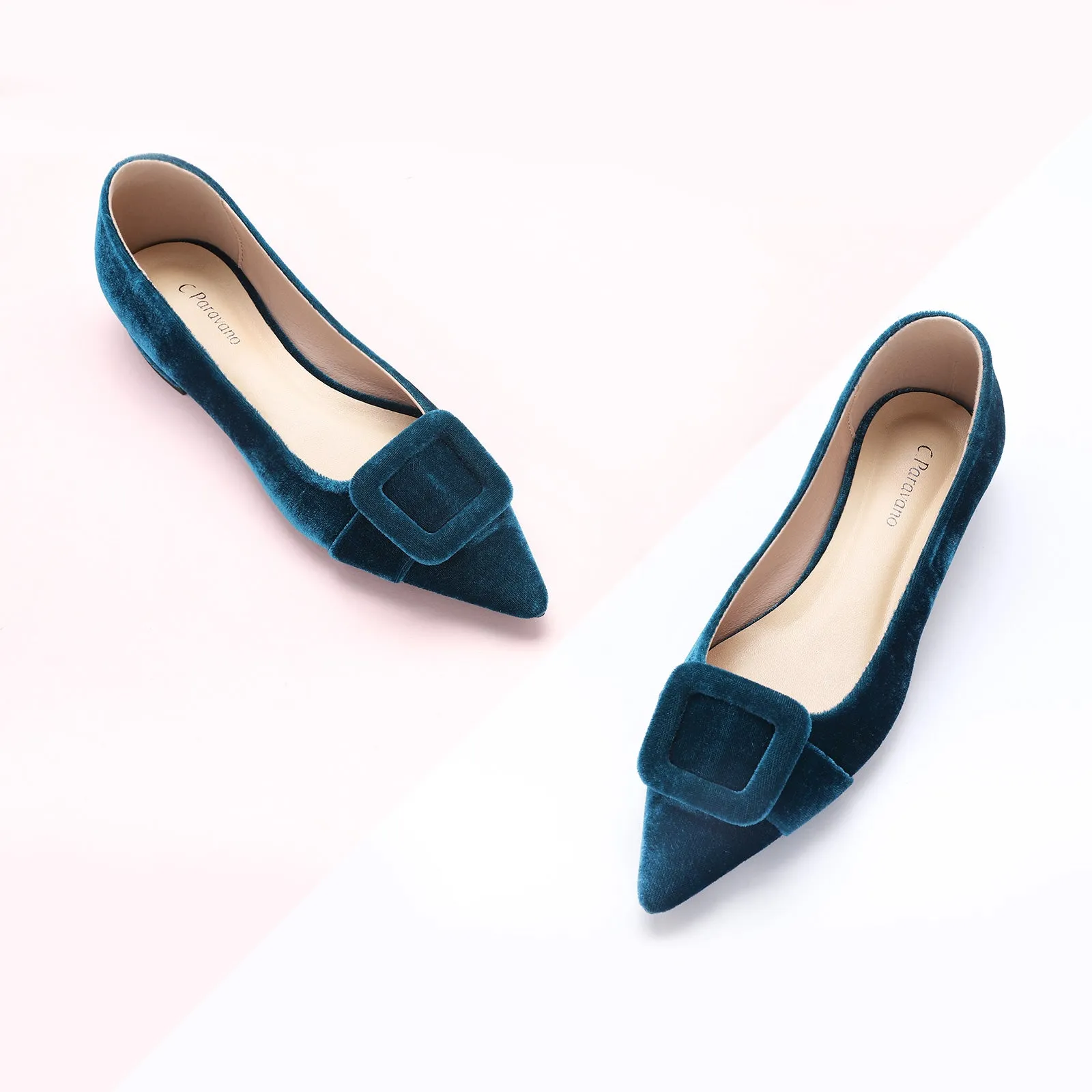 Square Buckle Velvet Flats (Aida)