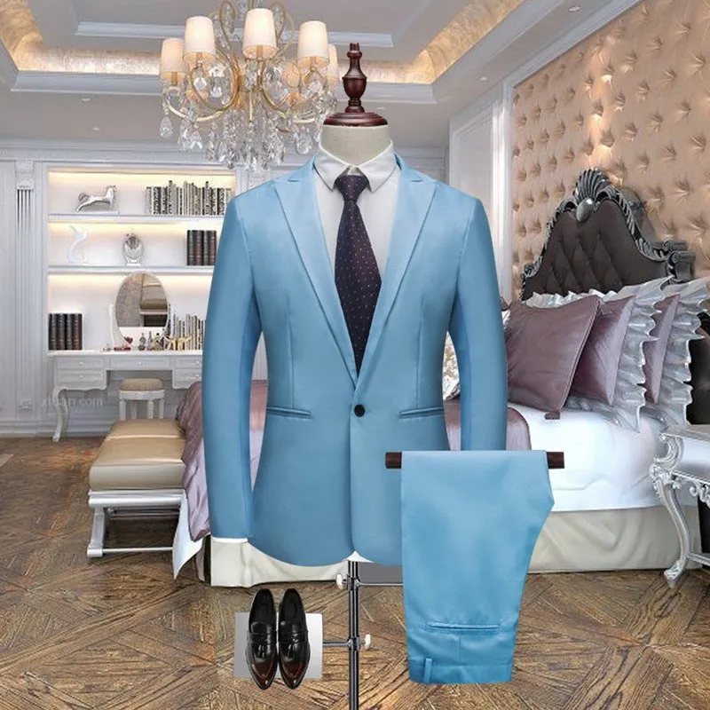 Wedding slim suit  White Men T Shirt Men's Slim Button Suit Pure Color Dress Blazer Host Show Jacket Coat & Pant 5